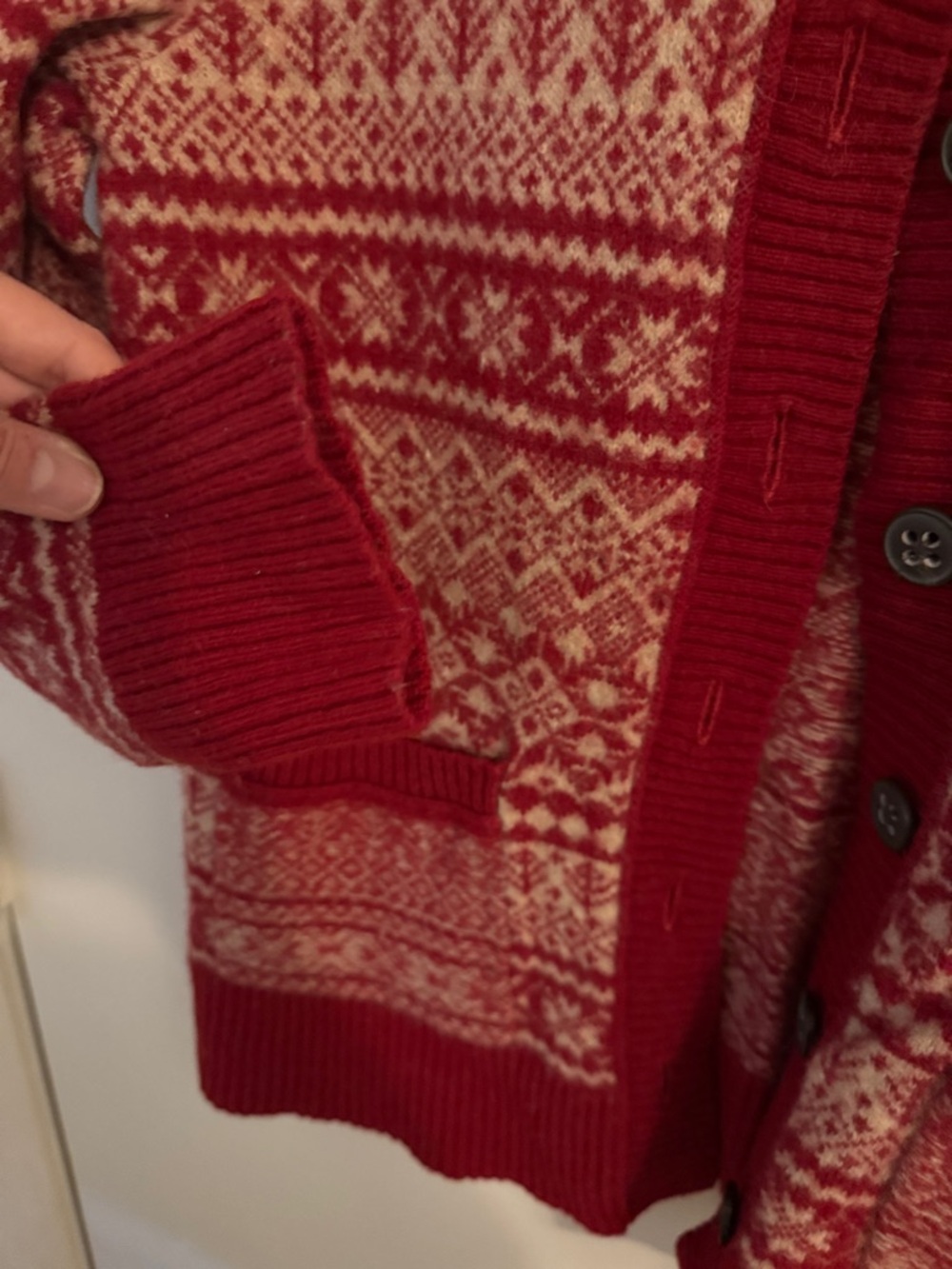 Eddie Bauer Red and Cream Fair Isle Button-Front Cardigan - Picture 6 of 8